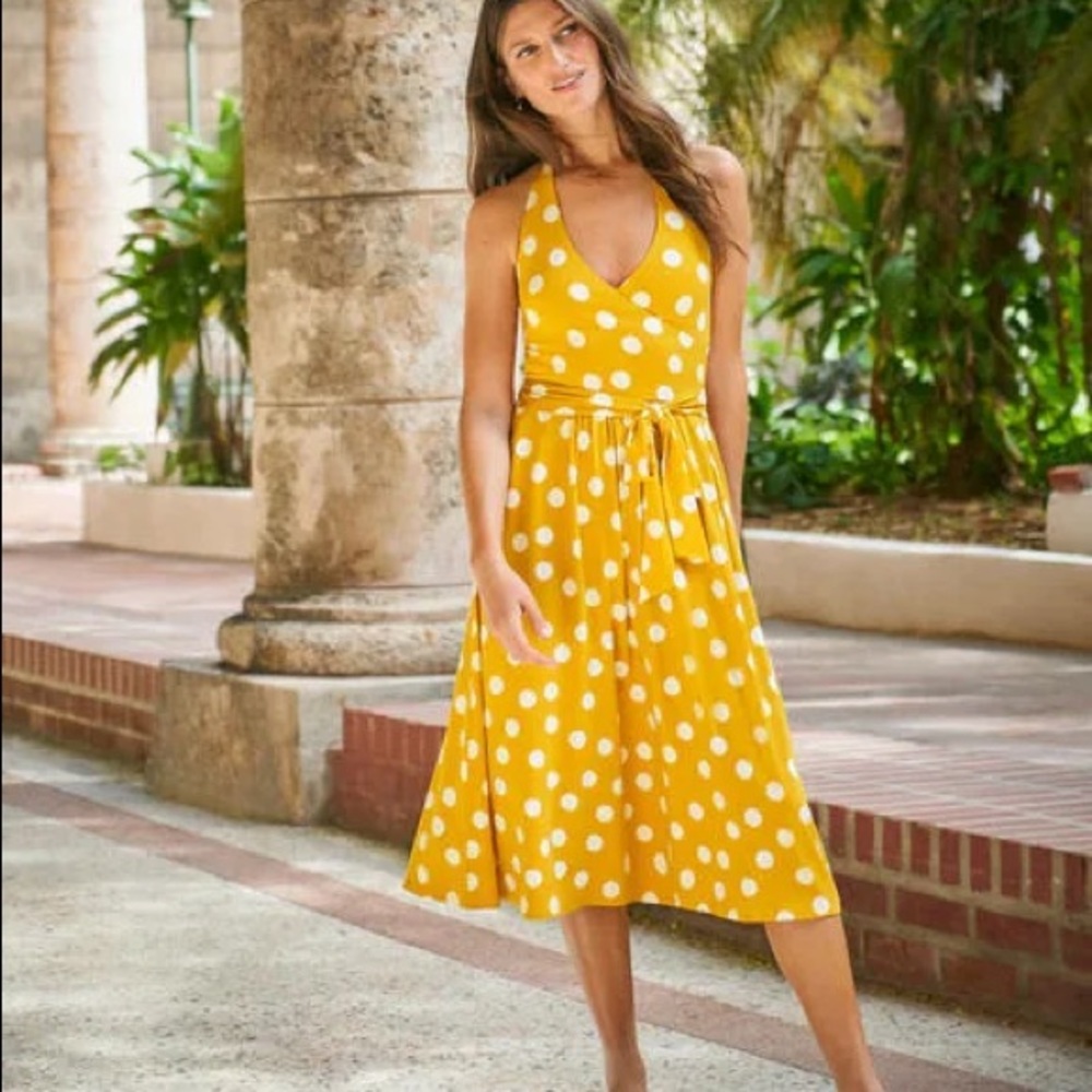 Boden halter dress, yellow with white pika dots, size 4L